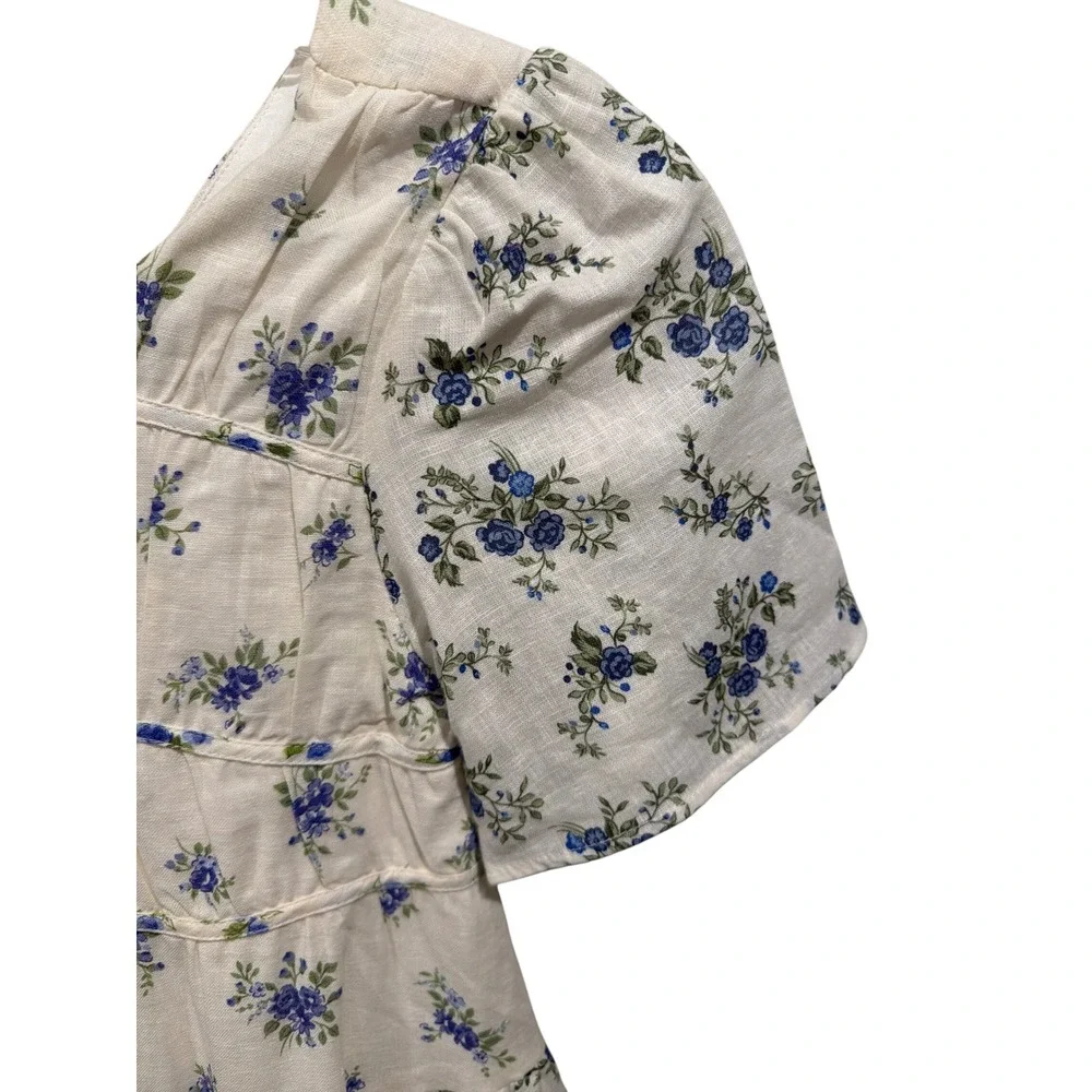 Zara Dress Cream Blue Floral Tiered Mini Cottagecore Puff Sleeve Girls 11-12Y